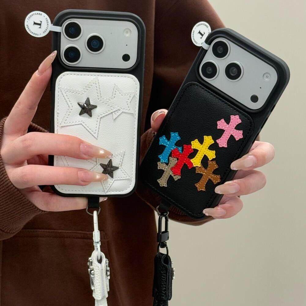 黑框皮质星星铆钉十字架适用iPhone17promax手机壳15