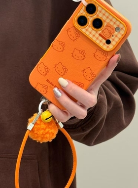 可爱满屏橙色线条kitty适用iPhone17promax手机壳15新款17pro网红女款13创意全包防摔16pro超好看17保护套