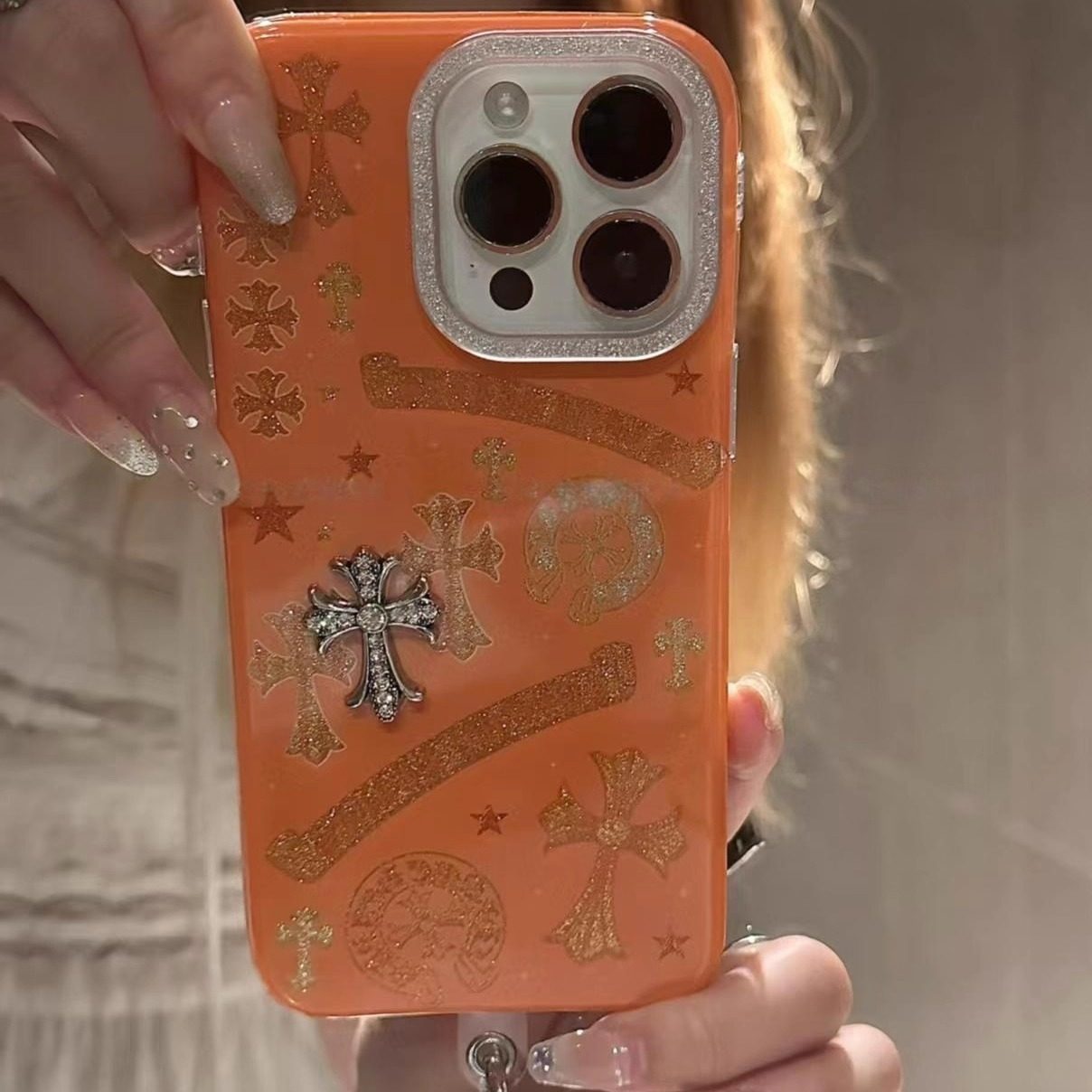 秋冬复古腔调橙色十字架适用iPhone17promax手机壳15