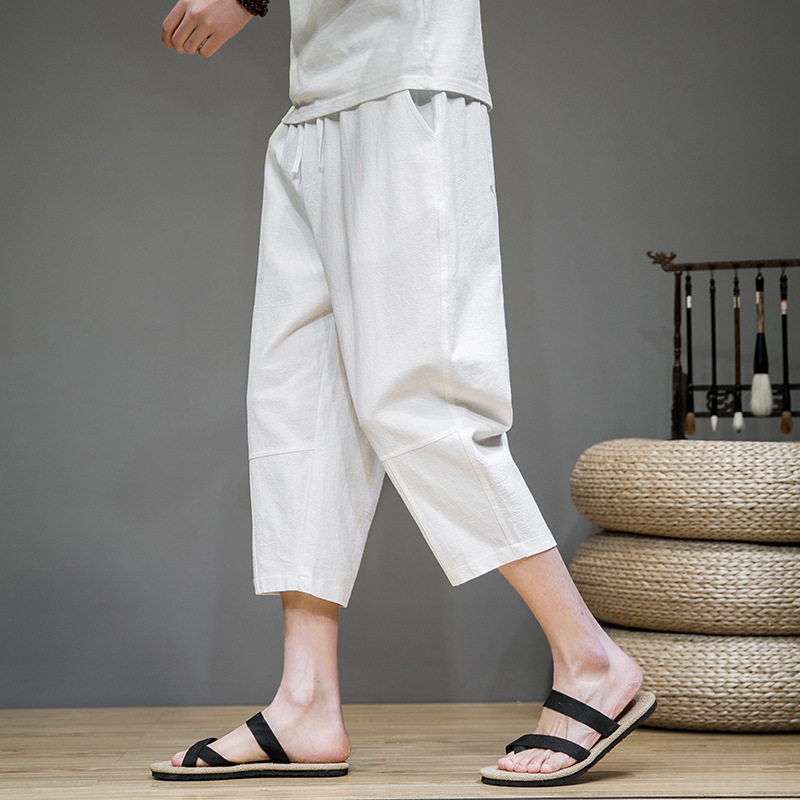 夏天八分8六7夏季七分裤男宽松小脚哈伦裤潮流中国风棉麻休闲裤薄
