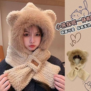 2025冬款脑子冬季可爱甜美少女帽子围巾手套两件套女加绒加厚保暖