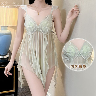 2025新款纯欲小香风仙女碎纱条大小胸聚拢性感美背高腰裙家居