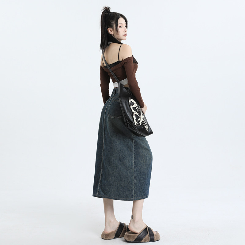 牛仔半身裙女2025春夏新款复古开叉宽松女学生韩版显瘦百搭长裙子