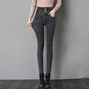超高腰弹力牛仔裤女2024秋冬款修身紧身收腹排扣九分铅笔小脚裤子