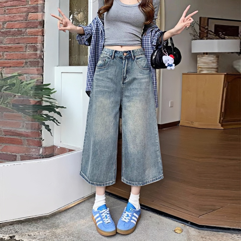 水洗大码高腰牛仔裤女夏季新款直筒休闲百搭小个子阔腿七分裤子潮