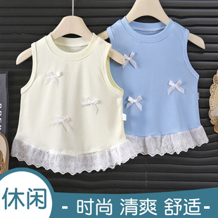 女童甜美百搭背心夏季 休闲蝴蝶结上衣 宝宝洋气花边无袖 小女孩韩版