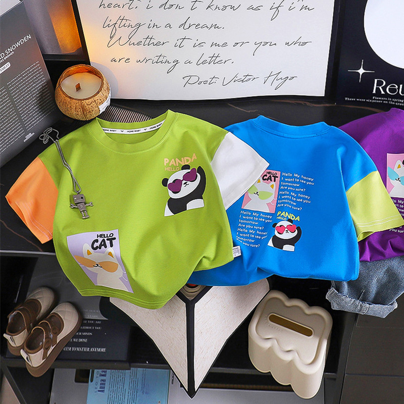 儿童百搭纯棉短袖夏季男女宝洋气卡通熊猫T恤中大童时尚拼色上衣,童装/婴儿装/亲子装,T恤,淘宝优惠券,粉丝福利购,淘宝优惠卷