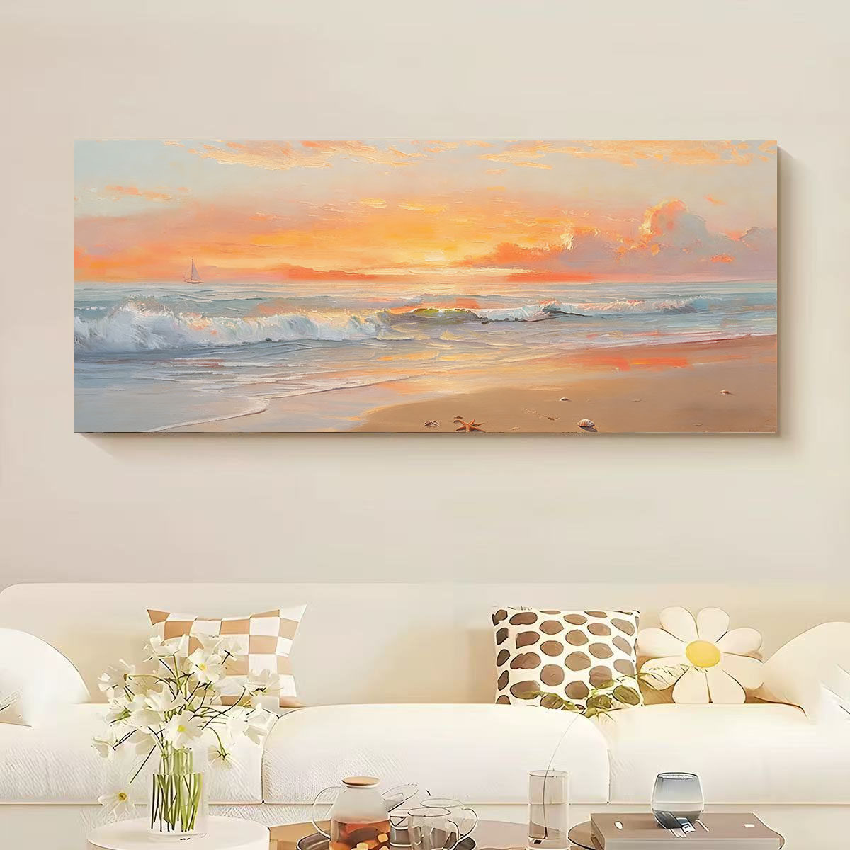 纯手绘油画海上日出奶油风客厅沙发背景墙装饰画高级感肌理画挂画,家居饰品,油画,淘宝优惠券,粉丝福利购,淘宝优惠卷