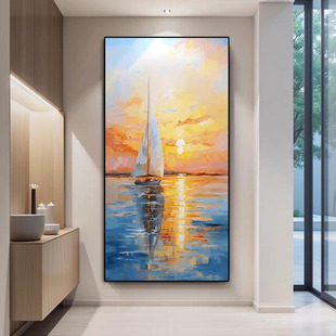 手绘油画抽象玄关挂画入户过道高级感壁画一帆风顺客厅肌理装 饰画