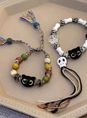2025新款中国风流苏骷髅猫咪手链彩色陶瓷饰品时尚个性小众设计
