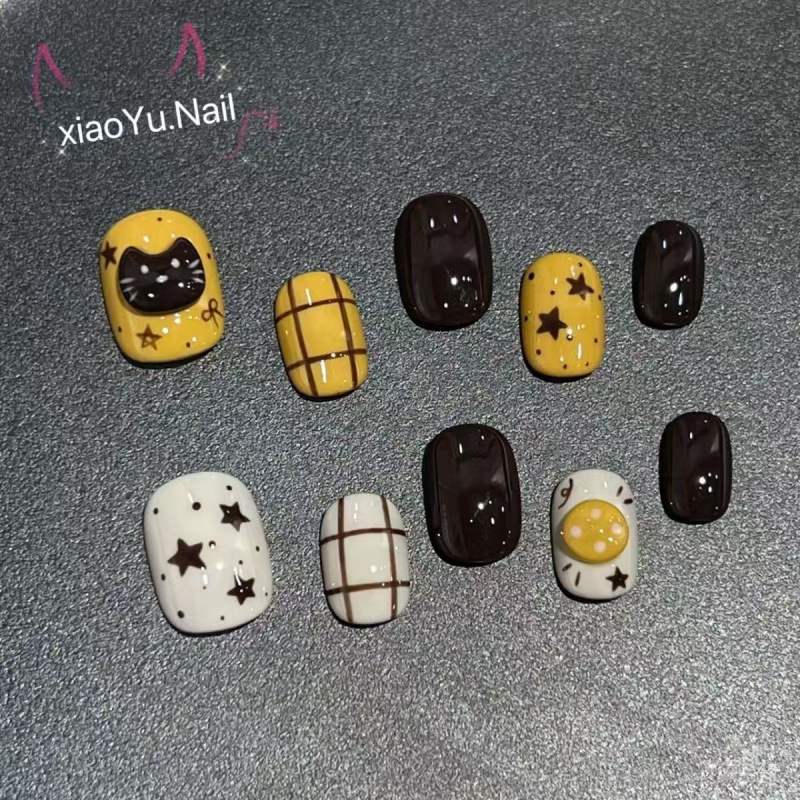 纯手工穿戴甲卡通猫咪手绘格纹星星立体跳色姜黄美甲贴片成品