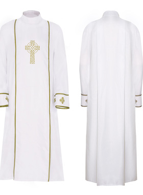 白色牧师服cospaly礼服中世纪黄色十字架长袍舞台表演cos服装
