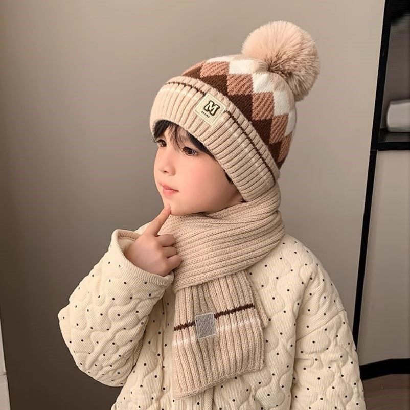 保暖儿童帽子秋冬韩版男童菱形针织毛线帽女孩加绒套头宝宝护耳帽
