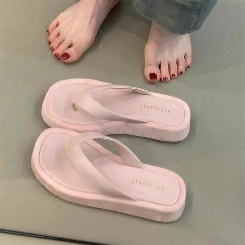 超显白~法式粉色厚底人字拖鞋女2025夏季新款方头海边沙滩凉拖鞋