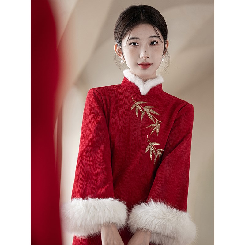 红色旗袍敬酒服新娘结婚订婚礼秋冬季倒大袖新中式加绒加厚小个子