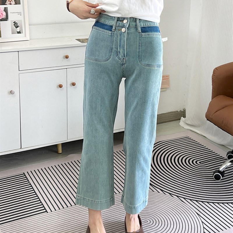 夏季薄款大码浅蓝色牛仔裤女胖妹妹韩版显瘦高腰百搭九分微喇裤子