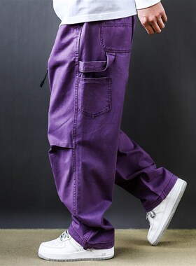 美式机能紫色工装裤男潮牌多口袋宽松阔腿2025户外潮流休闲长裤