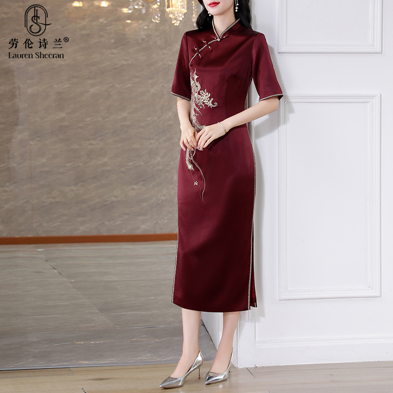 喜妈妈礼服婚宴敬酒服日常可穿大码连衣裙中年气质喜婆婆红色旗袍