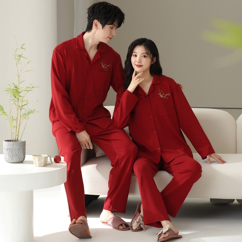 思馨坊情侣睡衣纯棉春秋季长袖红结婚新婚家居服本命年男女士套装