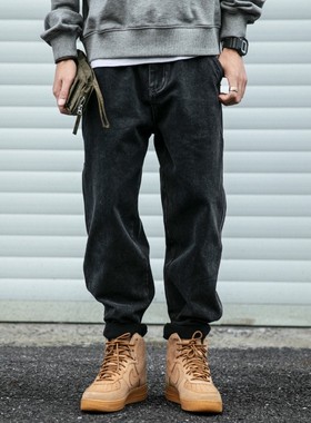 日系潮牌宽松直筒黑色牛仔裤男裤秋冬款水洗复古百搭哈伦休闲长裤
