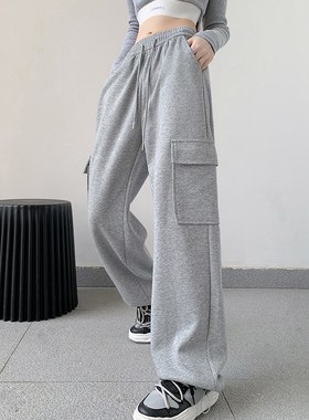 美式灰色工装裤女春秋2024新款高腰直筒裤宽松显瘦休闲束脚运动裤