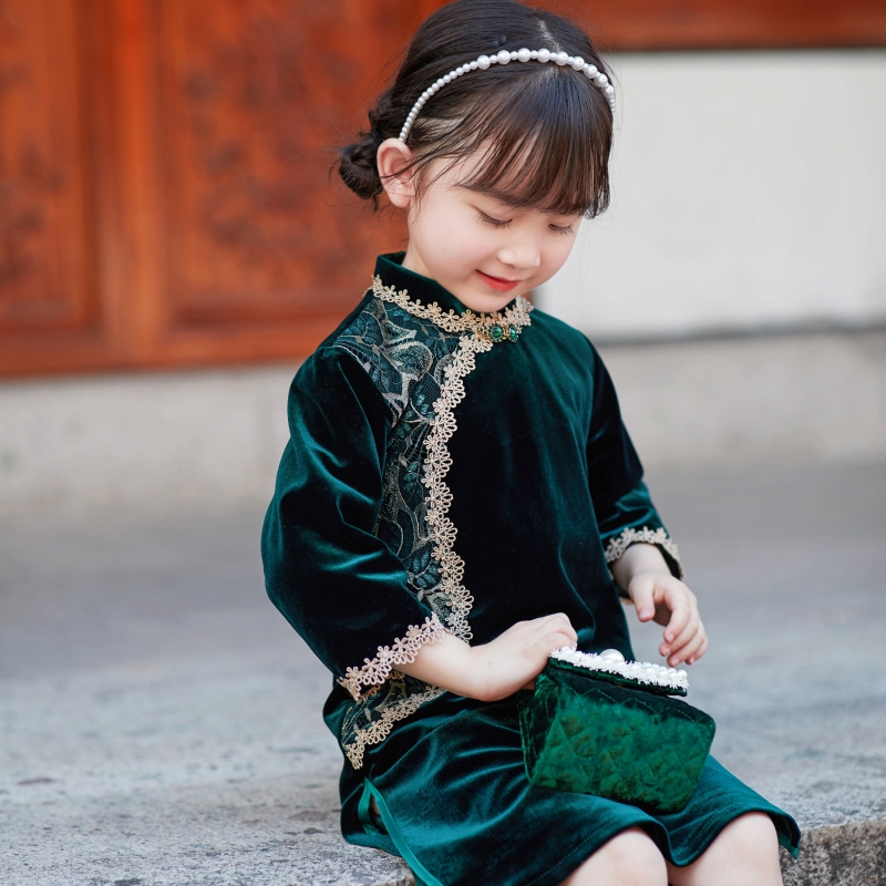 儿童旗袍中国风复古花边丝绒旗袍女D童连衣裙春秋新款儿童古风唐