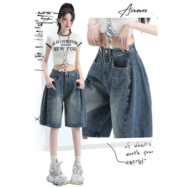 美式复古五分牛仔短裤女夏季2025新款设计感高腰宽松显瘦直筒中裤