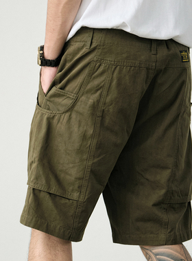 甲板工装短裤男阿美咔叽军绿色水洗日式古着多口袋宽松五分裤男