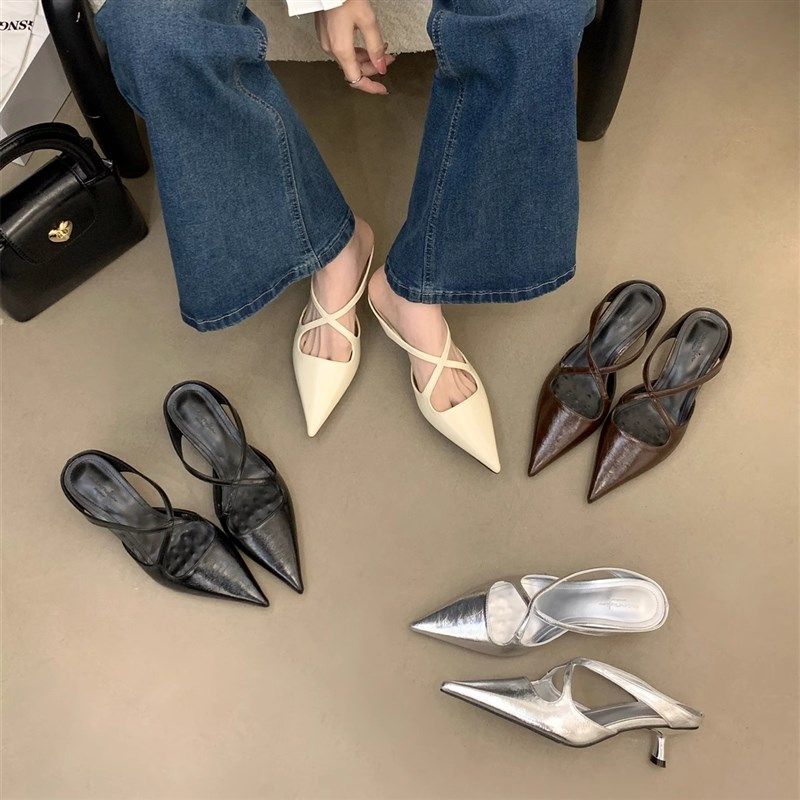 尖头包头半拖鞋女鞋子外穿2025夏季交叉细带中跟尖头懒人凉拖鞋,女鞋,包头拖,淘宝优惠券,粉丝福利购,淘宝优惠卷