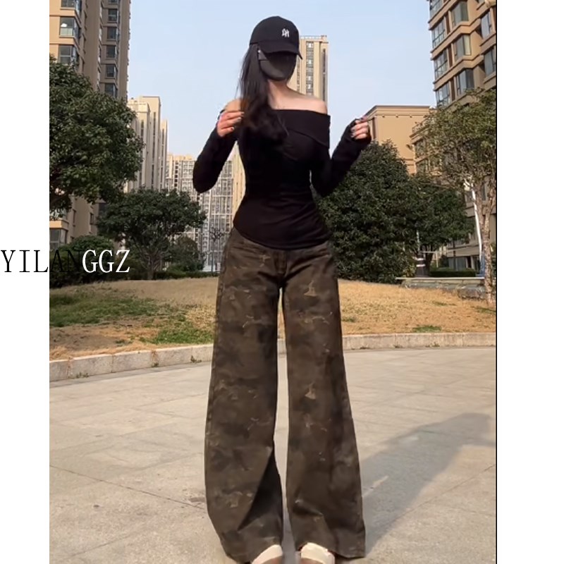 175高个子加长美式复古迷彩工装牛仔裤女高腰180超长爆款超火阔腿