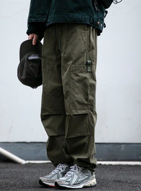 日系潮牌多口袋直筒工装裤男春秋质感伞兵裤军绿色宽松哈伦休闲裤