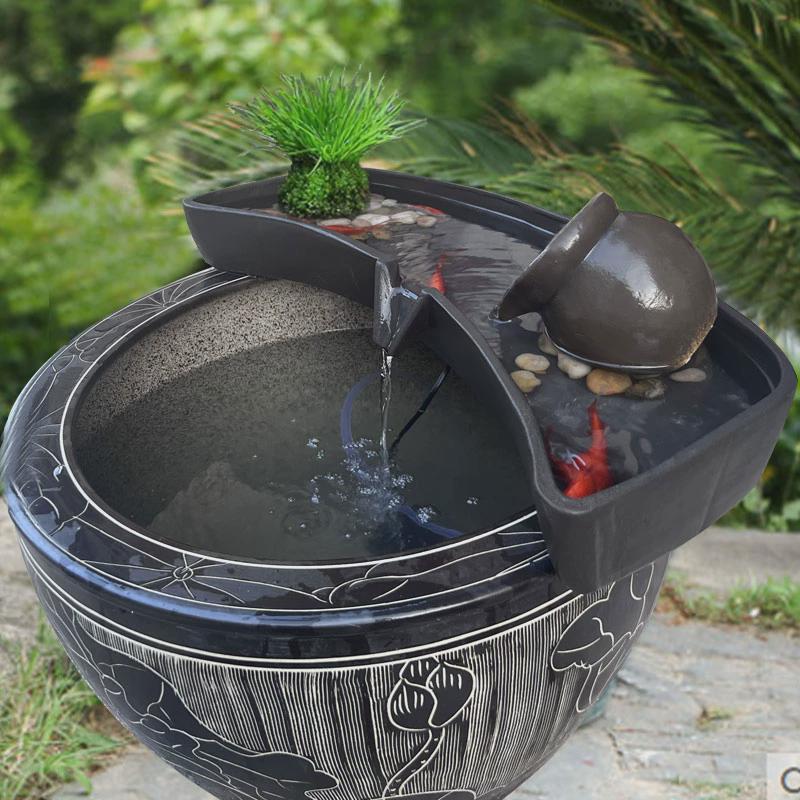 陶瓷圆形鱼缸过滤器循环系统流水C器搭配茶台养鱼盆庭院鱼池造景