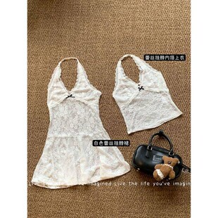挂脖V领蕾丝花边吊带背心女内搭美背文胸一体带胸垫屁帘下摆上衣