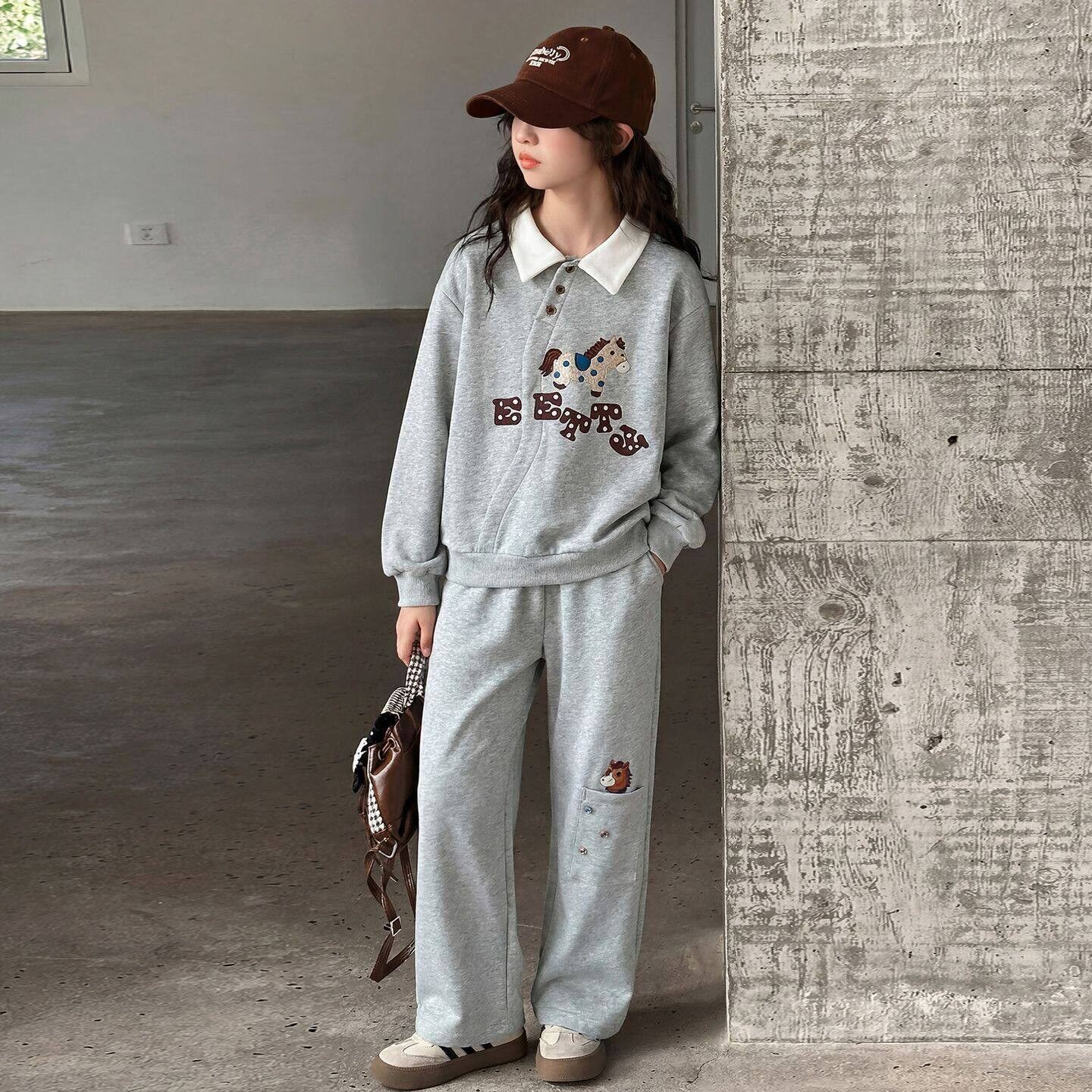 女童卡通时尚套装春季新款儿童Polo领卫衣春装小女孩阔腿裤两件套