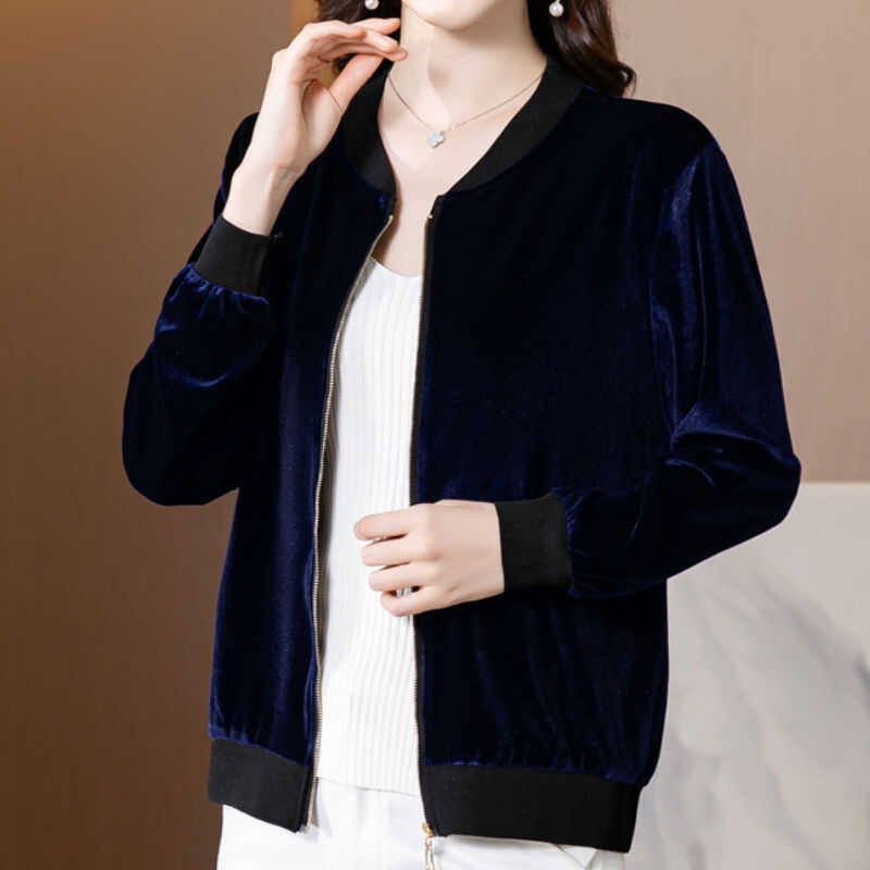 金丝绒短外套女2024春秋新款时尚百搭女士棒球服大码妈妈开衫上衣