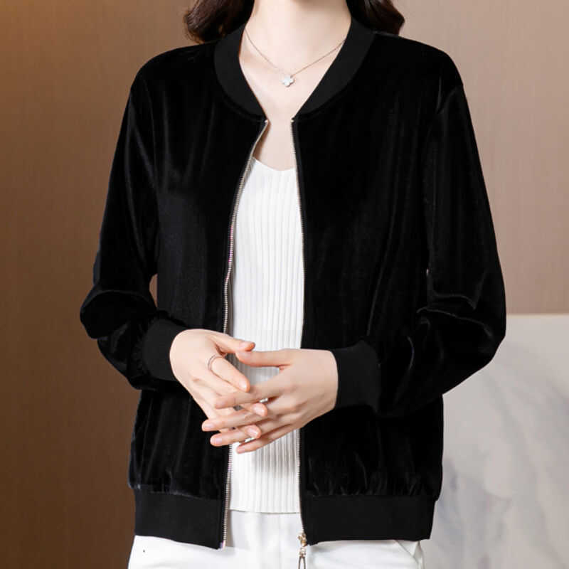 中年妈妈金丝绒外套休闲棒球服2024爆款宽松百搭开衫长袖上衣夹克