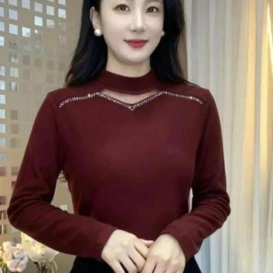 气质半高领烫钻长袖T恤女秋冬百搭一体绒保暖上衣中年妈妈德绒衫