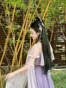予染集原创紫虞 古典舞服藤萝紫鱼尾大摆裙吊带长袖飘纱衣套装