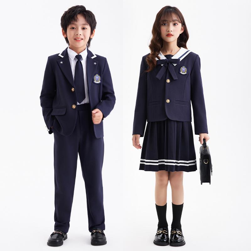 秋季新款幼儿园班服园服小学生校服海军风藏青小西装三件套连衣裙
