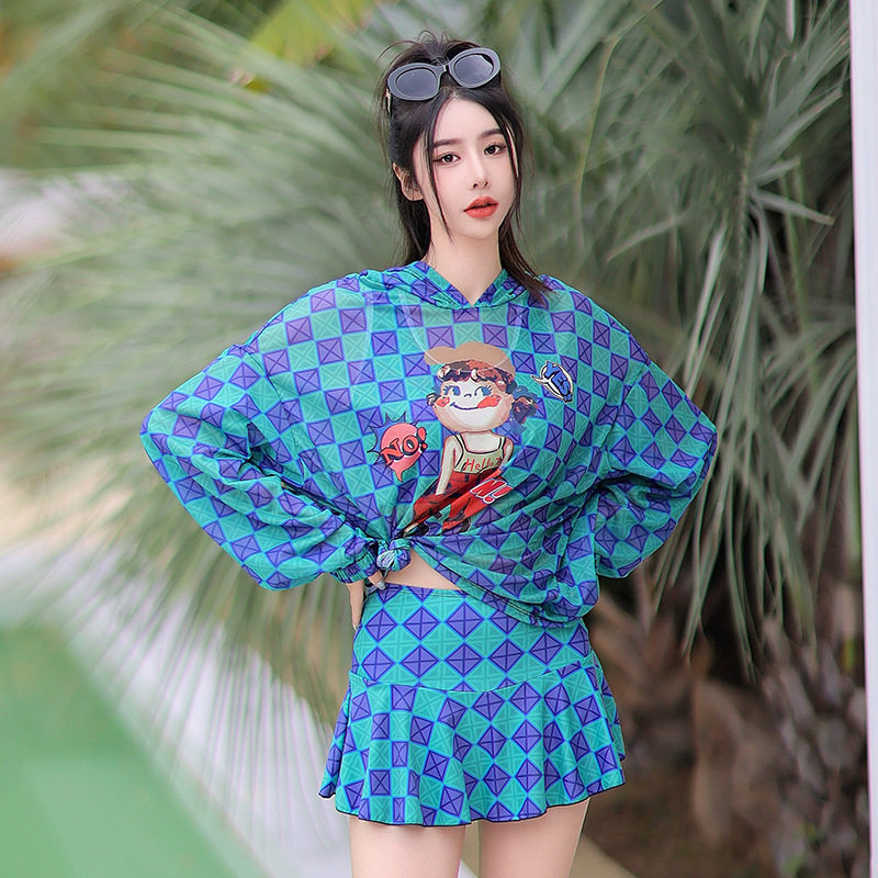 长袖泳衣女卡通运动宽松保守分体游泳衣防晒罩衫遮肚显瘦大码泳装