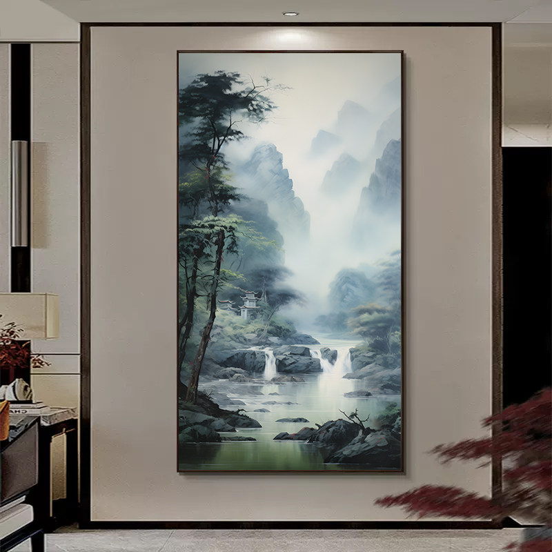 山水风景迎客松树玄关装饰画新中式流水生财挂画客厅过道走廊壁画