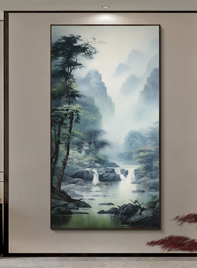 山水风景迎客松树玄关装饰画新中式流水生财挂画客厅过道走廊壁画