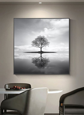 简约小众黑白灰色侘寂风书房挂画客餐厅卧室装饰画高级孤独感壁画