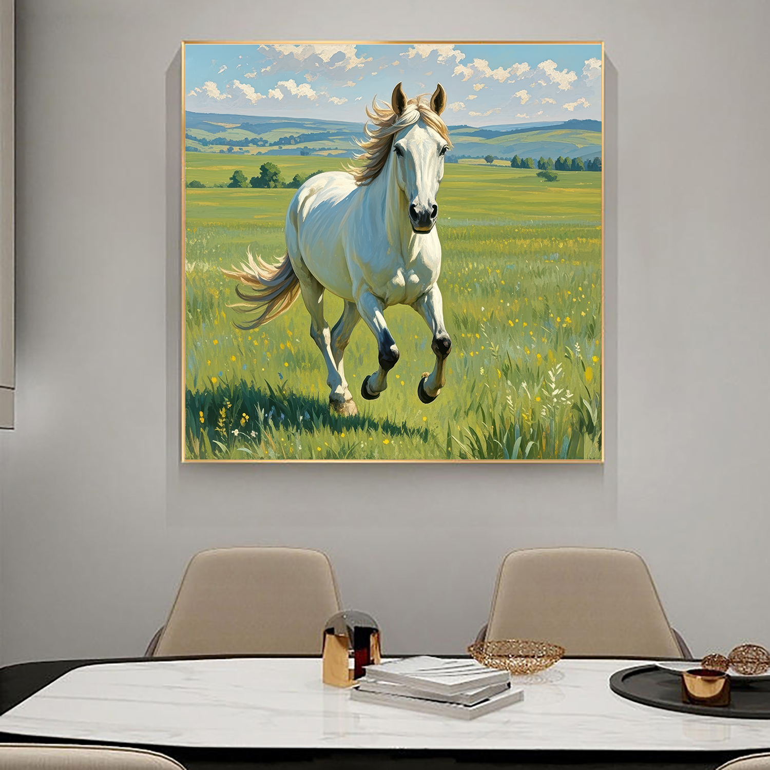 草原奔跑白马客餐厅装饰画马到成功办公室背景墙挂画落地桌面摆画图片