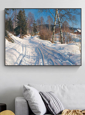 乡村田园风景油画大师蒙森德名画雪景装饰画客餐厅办公室玄关挂画