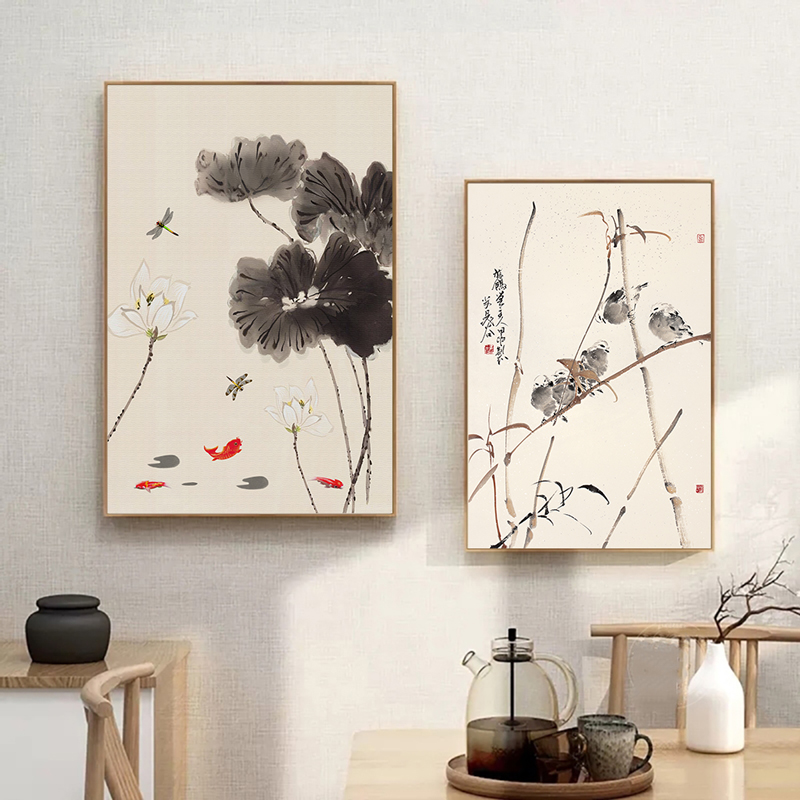 新中式文字国画山水植物花卉装饰画客厅书房茶室禅意走廊墙壁挂画