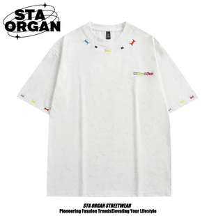 休闲宽松青春活力潮流上衣 T恤男女情侣夏季 STA ORGAN彩色刺绣短袖
