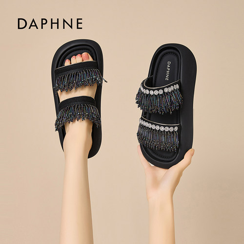 达芙妮厚底流苏凉鞋女2025夏季款气质淑女风配裙子一字拖蕾丝凉拖