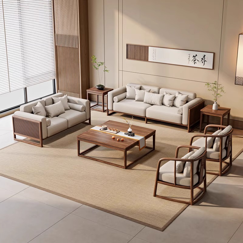 新中式白蜡木榫卯U形实木沙发