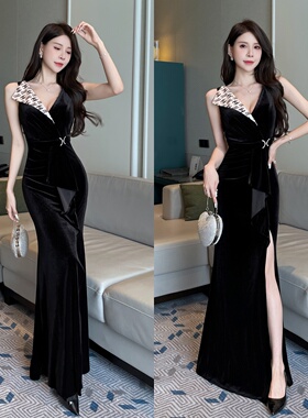 丝绒黑色晚礼服高端轻奢小众晚宴夜店性感连衣裙高开叉鱼尾主持人